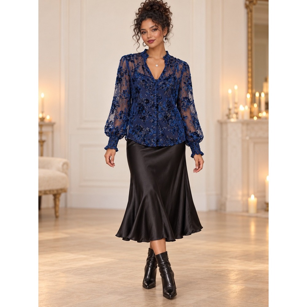Whimsiogoth BohoGlam Chicos Cobalt Blue Burnout Velvet Floral Metallic Top 6 Top